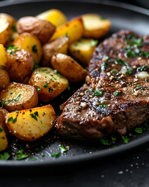 Filete con mantequilla de ajo y patatas en una sartén en un plato negro