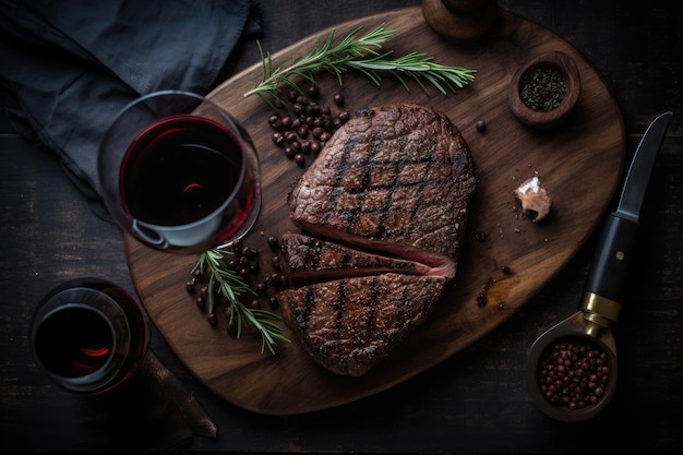 Un filete en la mesa con una copa de vino rojo.