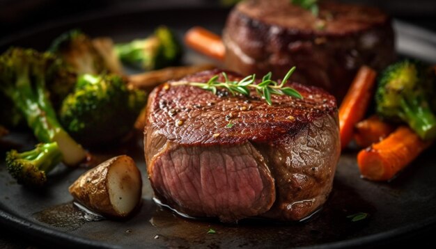 Filete a la parrilla con champiñones jugosos y especias listo para comer generado por IA