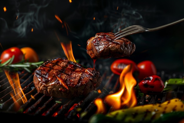 Un filete en una parrilla un filete en un tenedor sobre el fuego rodeado de llamas y verduras