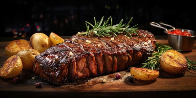 Foto un filete a la parrilla de tamaño medio con una corteza apetitosa de romero en un plato con patatas en el fondo de la parrillas de barbacoa