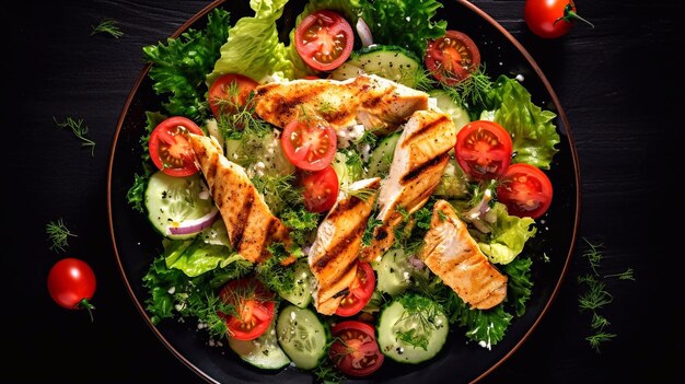 Filete de pecho de pollo a la parrilla y ensalada de verduras frescas Alimentos dietéticos