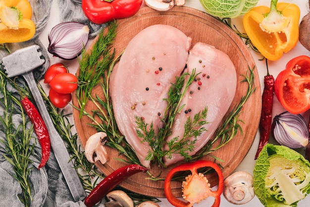 Filete de pechuga de pollo crudo con verduras frescas y romero y especias sobre un fondo blanco de madera Vista superior Espacio libre para texto