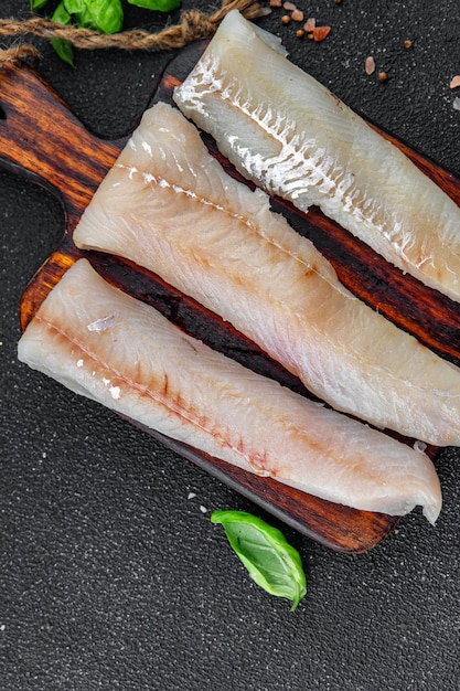 Foto filete de pescado de merluza azul marisco fresco delicioso comida saludable comida de cocina pesquera