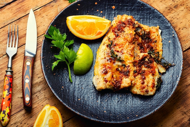 Filete de pescado a la parrilla con naranja, deliciosos mariscos.