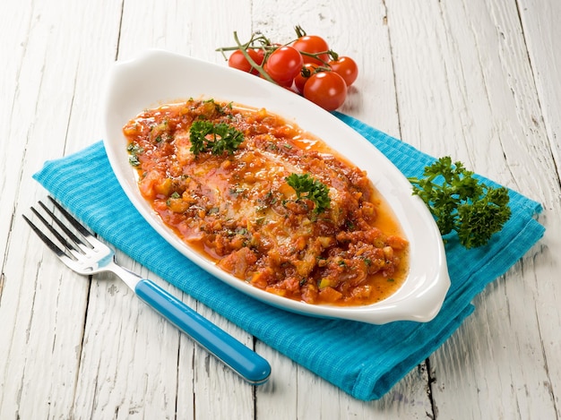 Filete de pescado con salsa de tomate