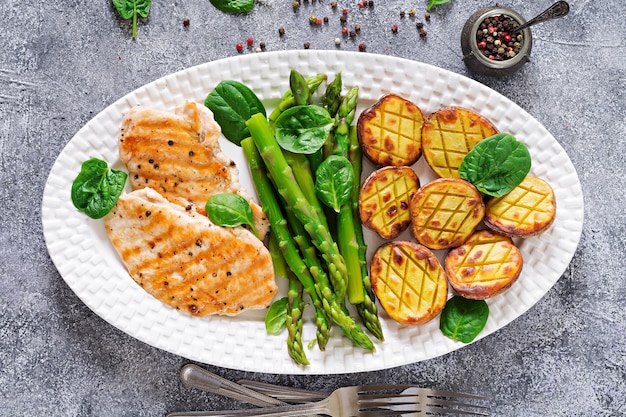 Filete de pollo cocinado en una parrilla con guarnición de espárragos y papas al horno.