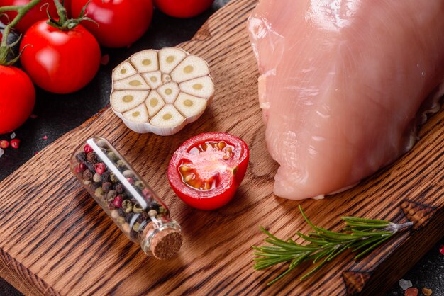 Filete de pollo crudo fresco y verduras preparadas para cocinar. Pechuga de pollo cruda en tabla de cortar