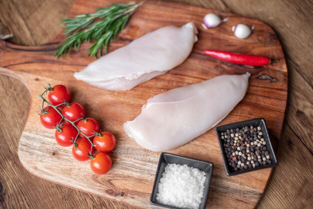 Foto filete de pollo crudo sobre fondo de madera