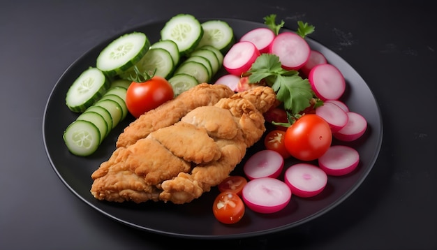 filete de pollo frito con pepinos frescos tomates y rábanos en un plato sobre fondo negro