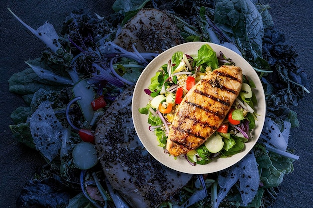 Filete de pollo a la parrilla con ensalada dieta cetogénica paleo comida saludable concepto de almuerzo de dieta