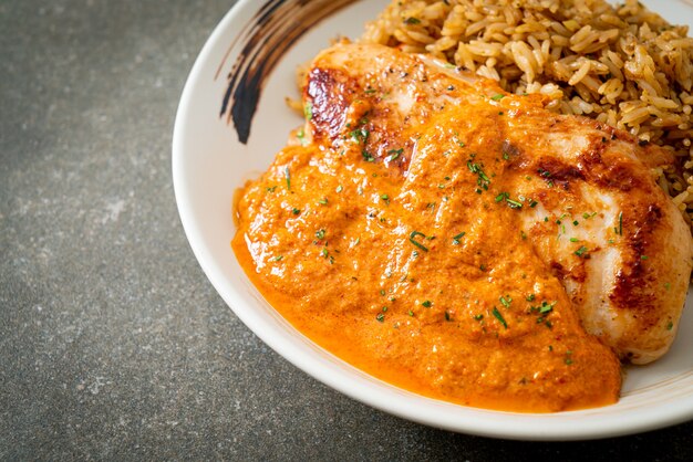 Filete de pollo a la parrilla con salsa de curry rojo y arroz - estilo de comida musulmana