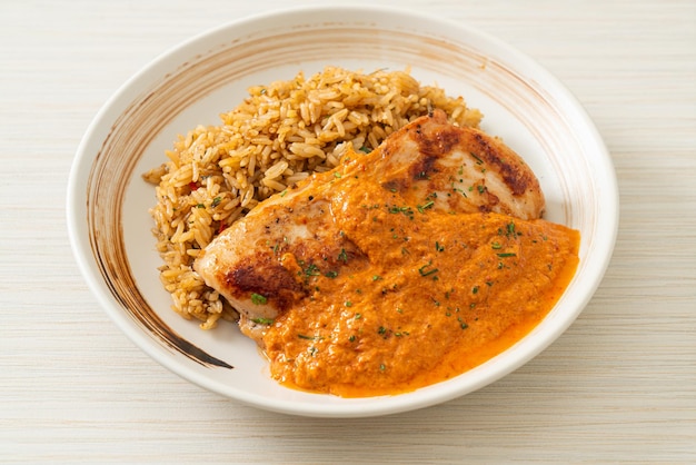 Filete de pollo a la parrilla con salsa de curry rojo y arroz - estilo de comida musulmana