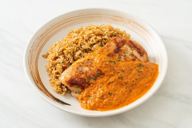 Filete de pollo a la parrilla con salsa de curry rojo y arroz