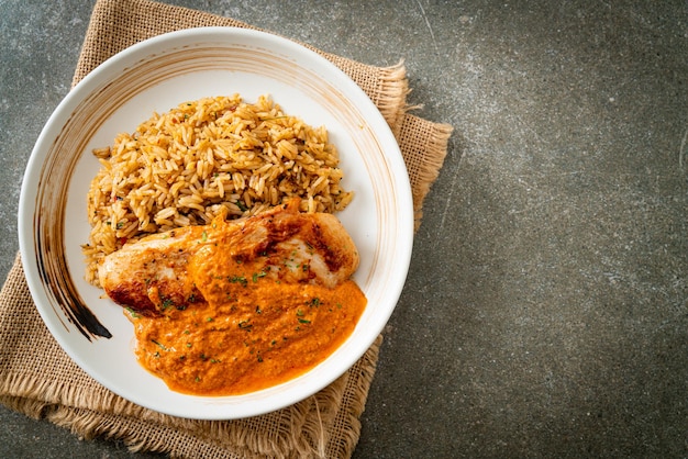 Filete de pollo a la parrilla con salsa de curry rojo y arroz