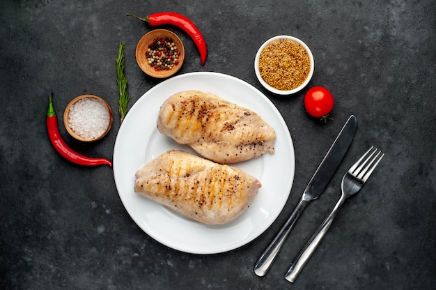 Filete de pollo a la parrilla servido en un plato blanco con especias sobre un fondo de piedra