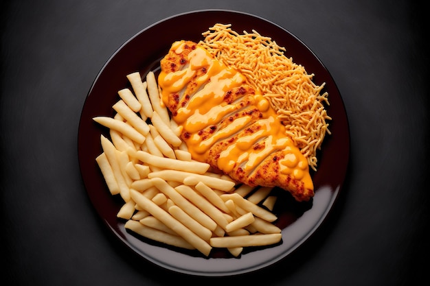 Filete de pollo picante de comida rápida cerca de chili y papas fritas con queso cheddar en un plato horizontal mirando hacia abajo