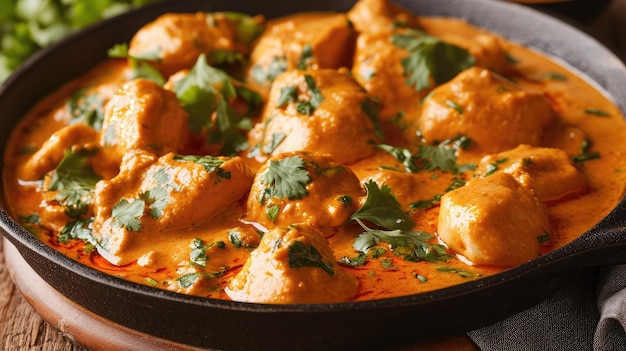 Filete de pollo en un primer plano de salsa de coco picante en una mesa horizontal