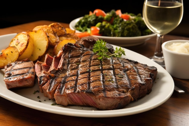 Foto filete porterhouse a la parrilla en un plato con guarniciones