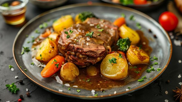 Foto filete de res con patatas y zanahorias tonado