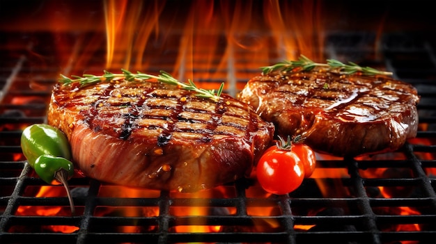 Filete de res con tomate chisporroteando a la llama de la parrilla Generado por IA