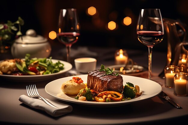 Filete de res con verduras y salsa en un plato blanco