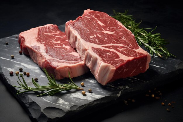 Un filete de ribeye fresco y crudo generativo en una tabla preparada para el filete de vaquero a la parrilla