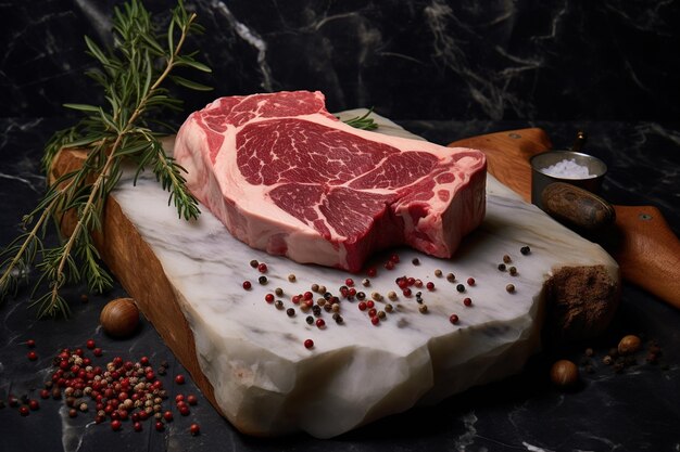 Un filete de ribeye fresco y crudo generativo en una tabla preparada para el filete de vaquero a la parrilla