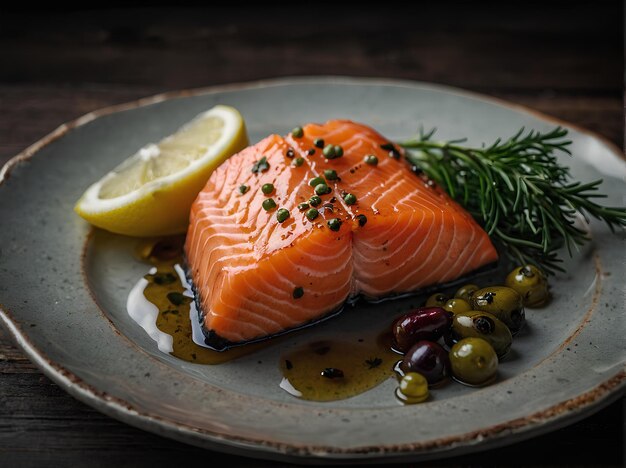 Foto filete de salmón con aceite de oliva y romero en un plato