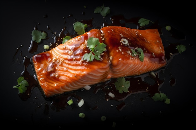 Un filete de salmón con aceite de sésamo y semillas de sésamo en un plato negro.