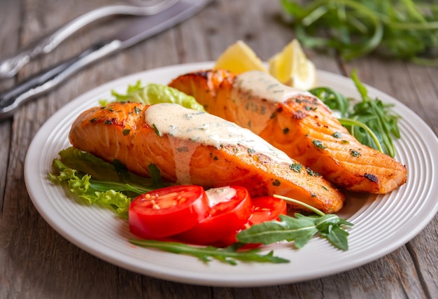 Foto filete de salmón cocido con hierbas y verduras