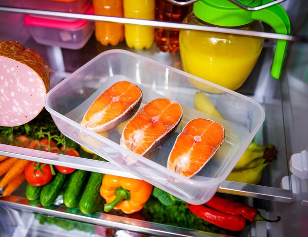 Filete de salmón crudo en el refrigerador abierto