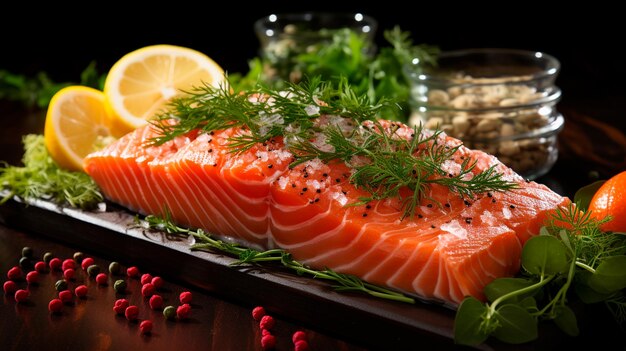 filete de salmón fresco con especias en una tabla de madera