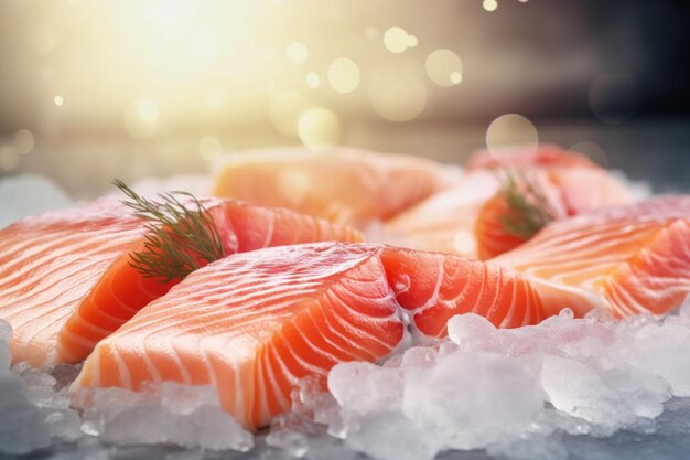 Filete de salmón fresco o trucha sobre hielo listo para cocinar Almacenamiento de pescado fresco refrigerado Primer plano