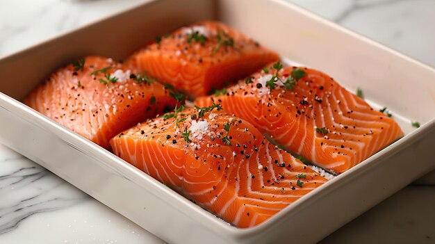 Filete de salmón fresco servido en un cuenco cuadrado con sal y pimienta