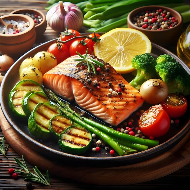 Un filete de salmón frito con verduras en una mesa de madera.