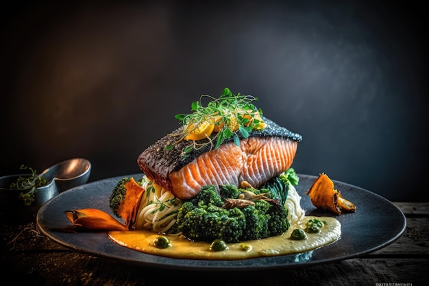Filete de salmón gourmet con brócoli en un plato Fondo oscuro Receta con muchos ingredientes IA generativa