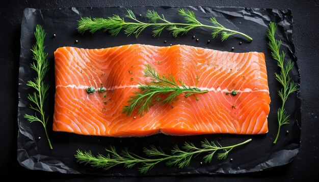 Filete de salmón de gravlax nórdico con eneldo de fondo negro