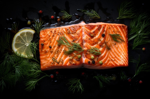 Un filete de salmón con hierbas y limones sobre un fondo negro.