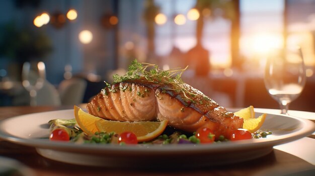 Foto filete de salmón en la mesa de un restaurante ia generativa