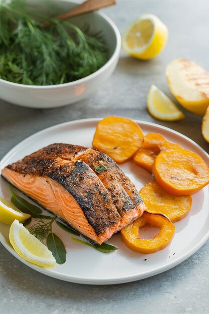 Filete de salmón oscurecido a la parrilla con calabaza de nuez al horno