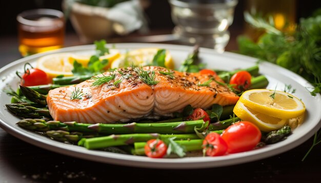 Filete de salmón a la parrilla con espárragos frescos y limón generado por IA