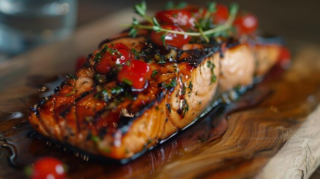 Foto un filete de salmón a la parrilla de tabla de cedro infundido con el sabor ahumado de la madera y servido con un glaseado de arce para la dulzura