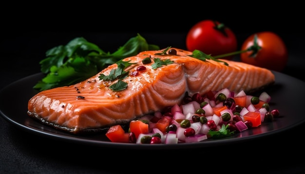 Filete de salmón a la parrilla con tomate fresco y rebanada de verduras generadas por inteligencia artificial