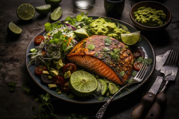 Filete de salmón a la parrilla y vegetales verdes frescos Ilustración AI GenerativexA