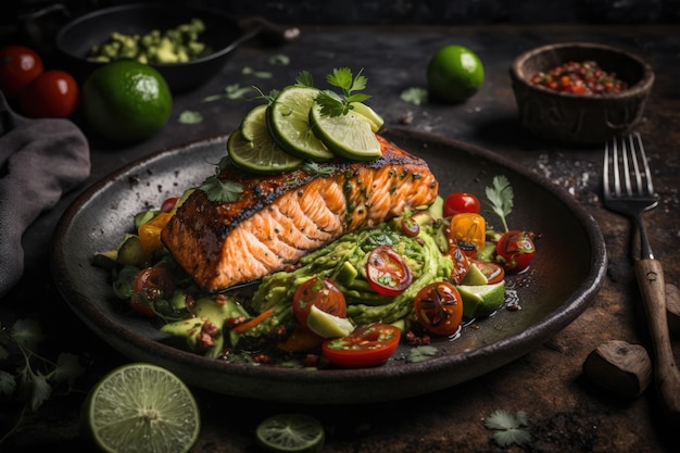 Filete de salmón a la parrilla y vegetales verdes frescos Ilustración AI GenerativexA