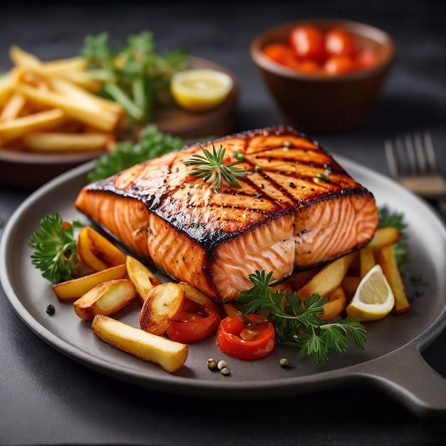 Filete de salmón a la parrilla con verduras y patatas fritas 8k de alta resolución