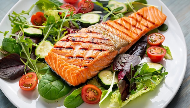 Filete de salmón a la plancha con ensalada de verduras frescas