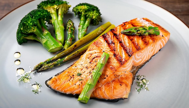 Filete de salmón a la plancha con espárragos y brócoli