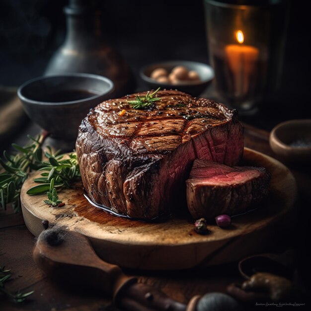 Un filete con salsa marrón y una vela sobre la mesa.